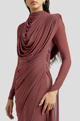 Mesh Gathering Asymmetrical Sleeve Maxi Dress
