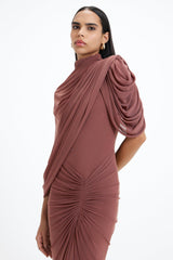 Ruched Asymmetrical High Neck Maxi Dress