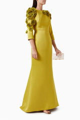 3D Flower Satin Maxi Dress With Belt