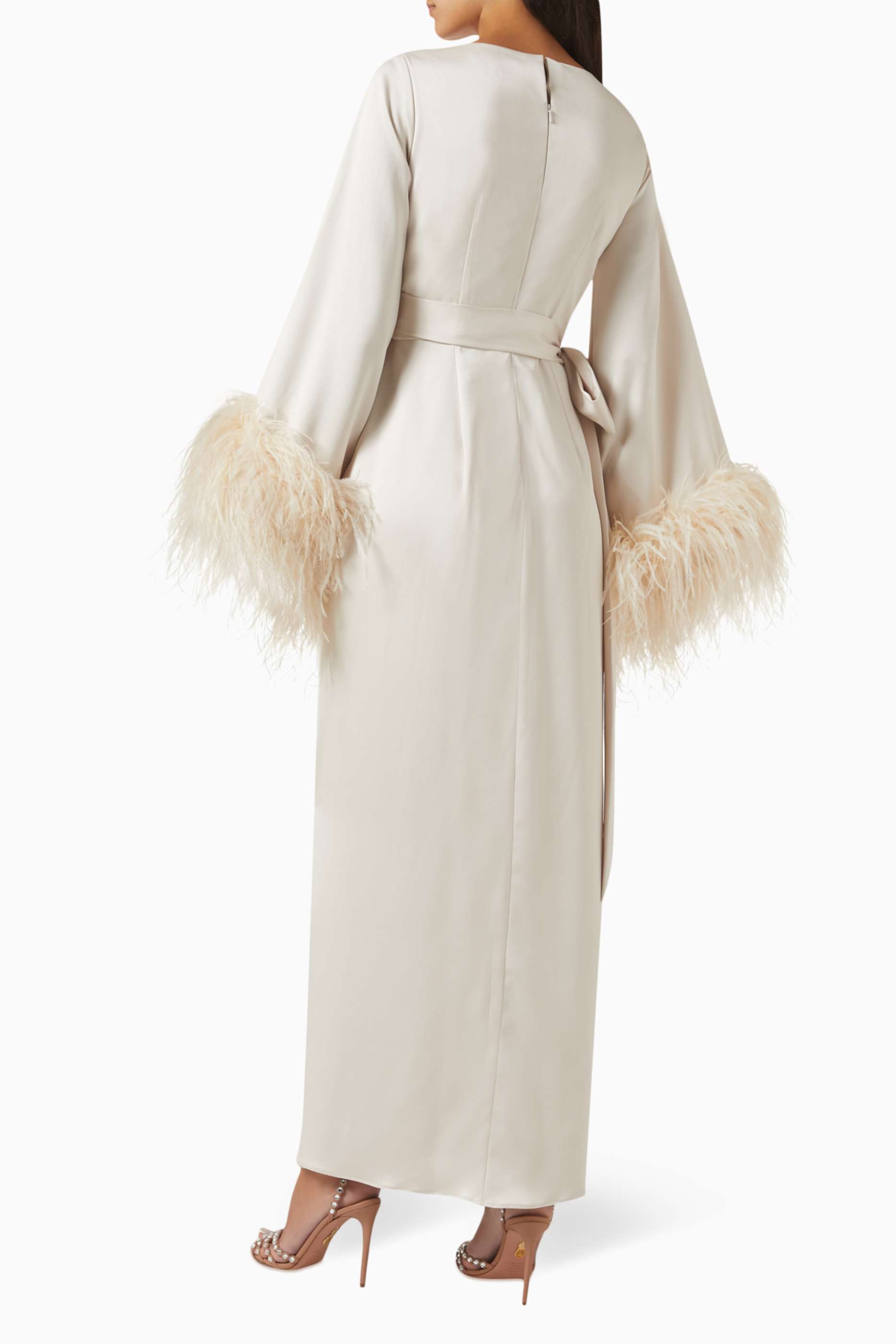 Satin Lace-Up Feather-Trimmed Pleated Maxi Dress