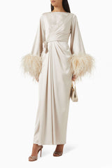 Satin Lace-Up Feather-Trimmed Pleated Maxi Dress