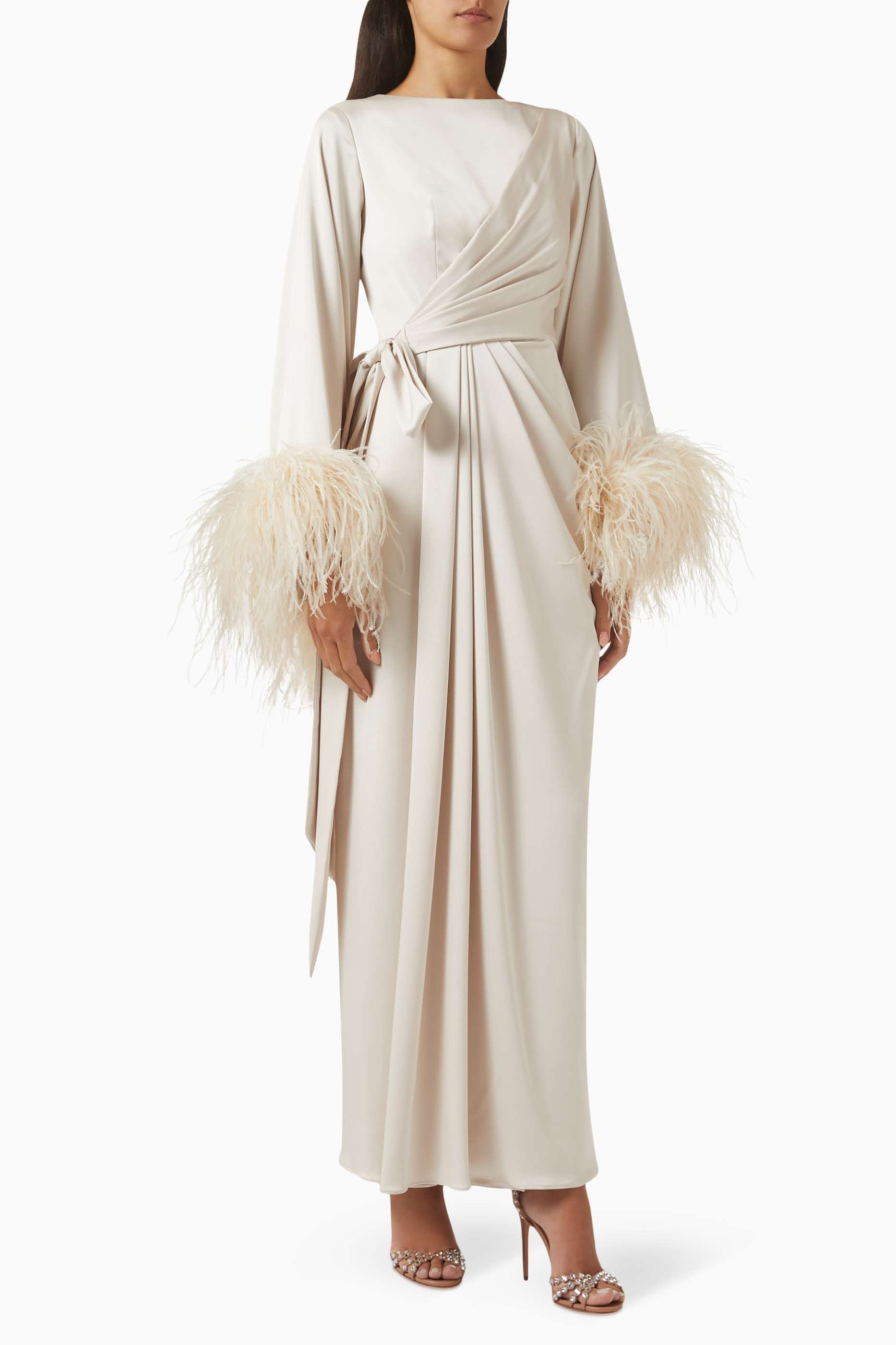 Satin Lace-Up Feather-Trimmed Pleated Maxi Dress