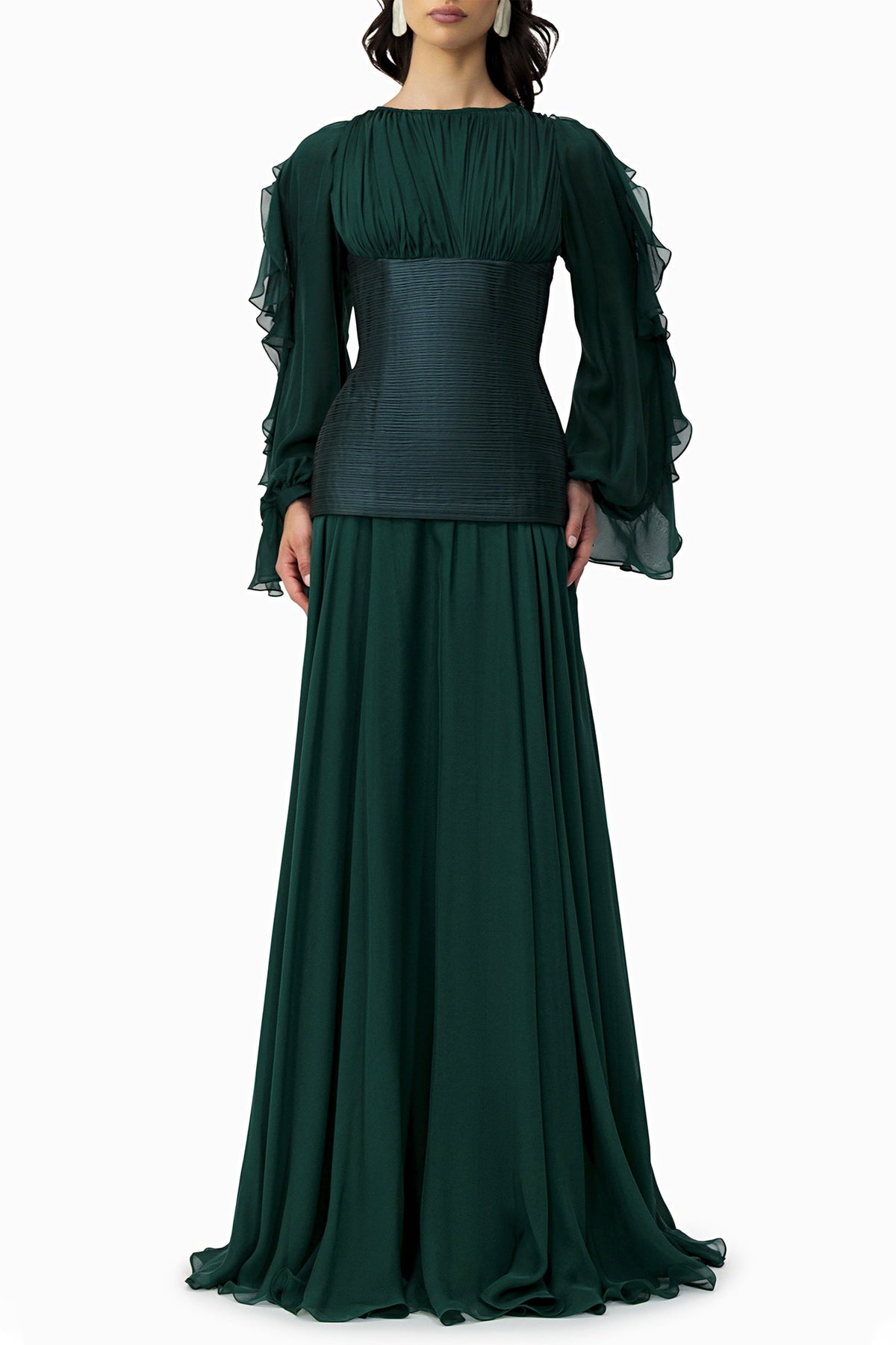 Chiffon Ruched Ruffle Maxi Dress