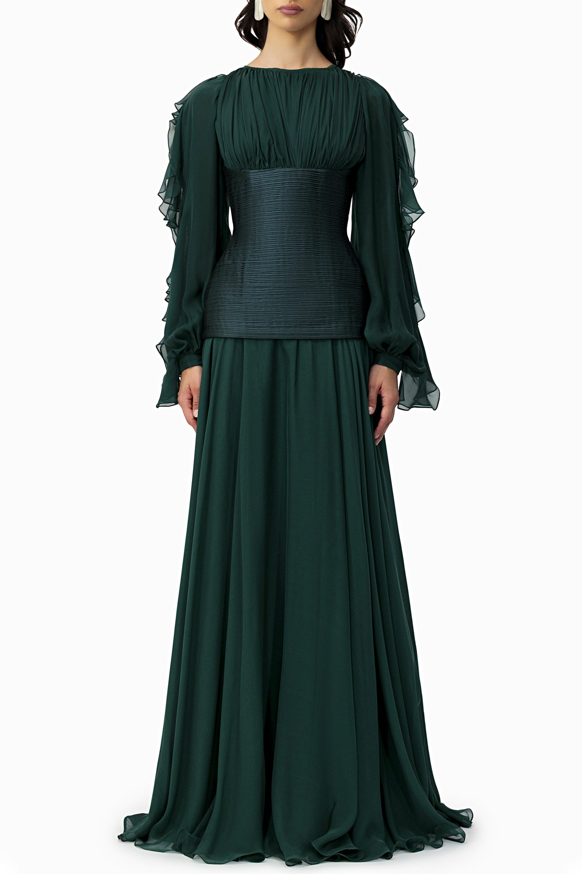 Chiffon Ruched Ruffle Maxi Dress