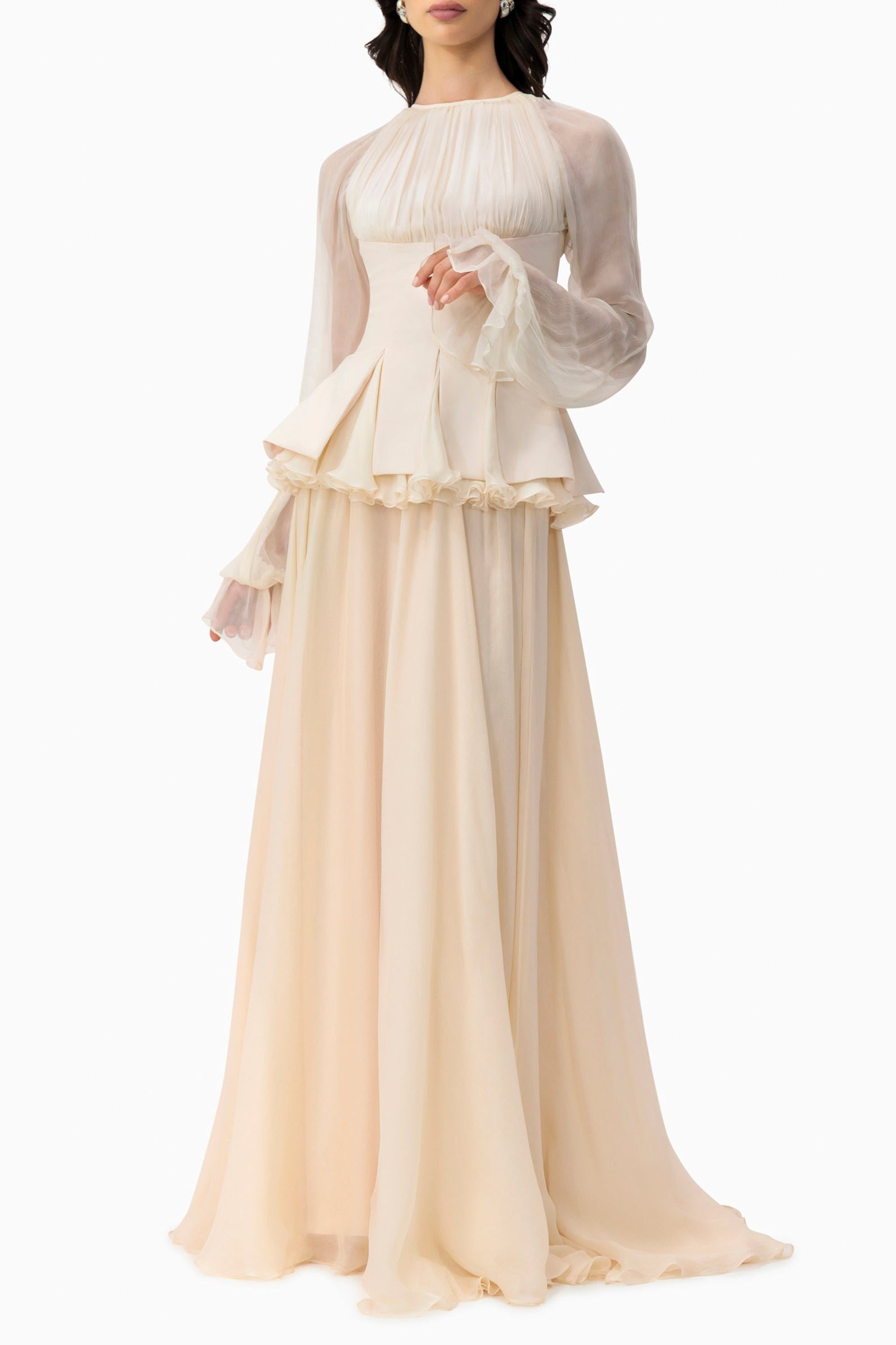 Chiffon Ruched Ruffle Top & Maxi Skirt Set