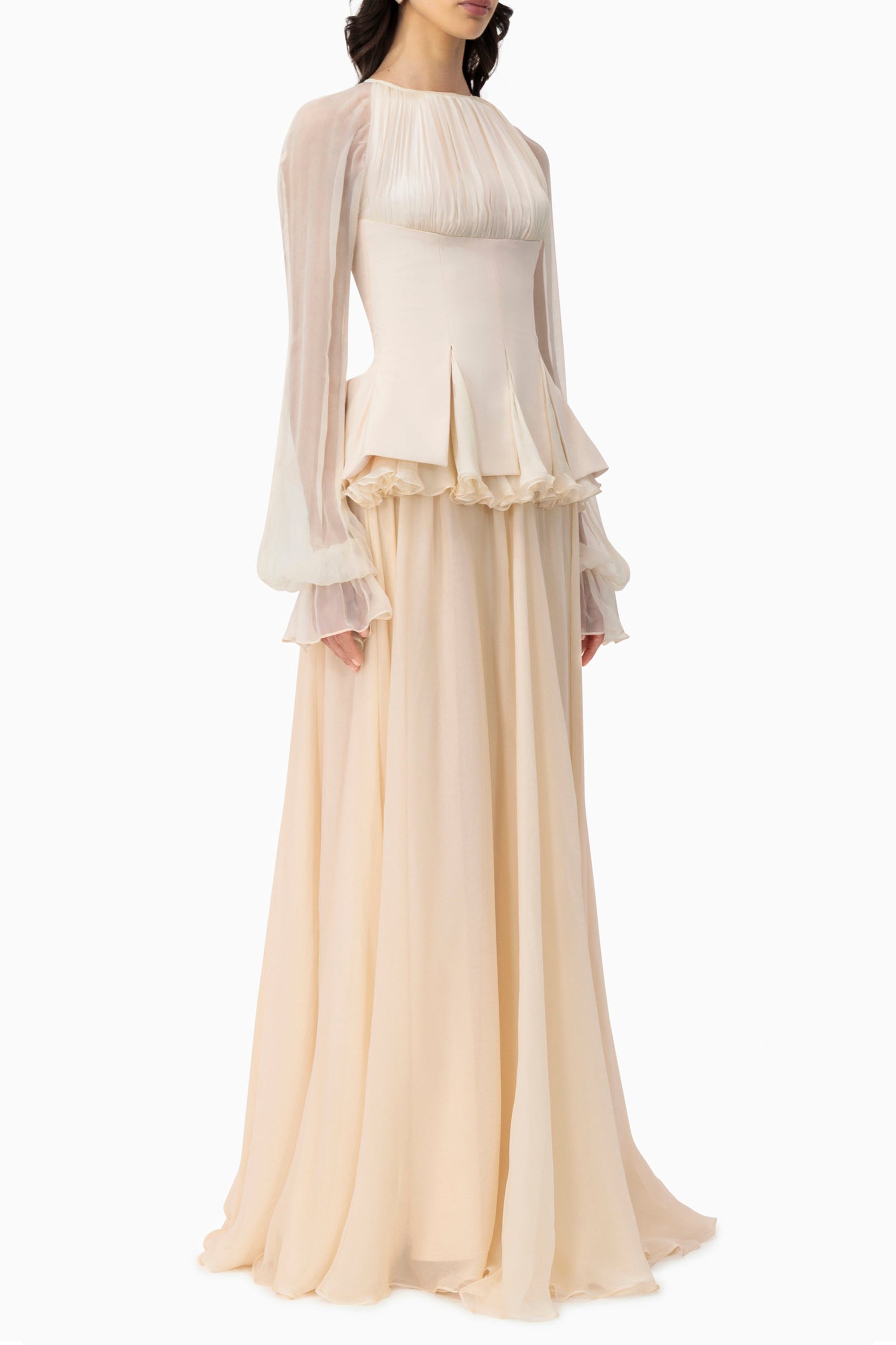 Chiffon Ruched Ruffle Top & Maxi Skirt Set