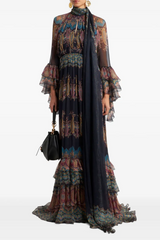 Paisley Print Ruffle Raglan Sleeve Maxi Dress