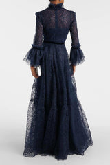 Lace Stand Collar Ruffle Maxi Dress