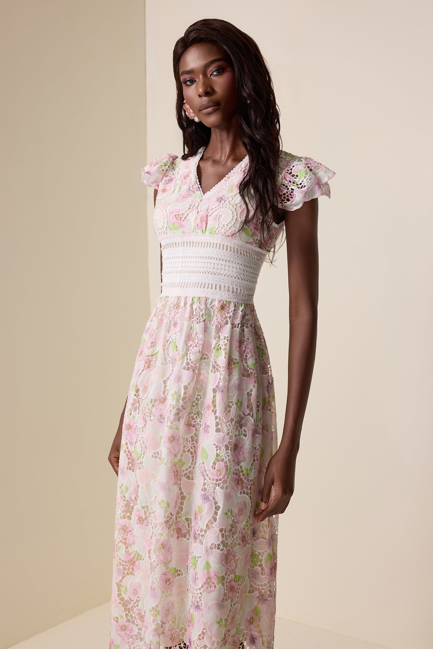 Lace Floral V-Neck Midi Dress