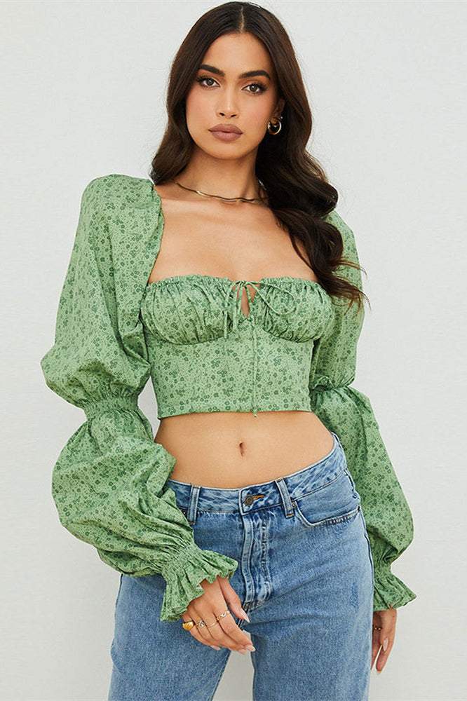 Floral Puff Sleeve Square Collar Top