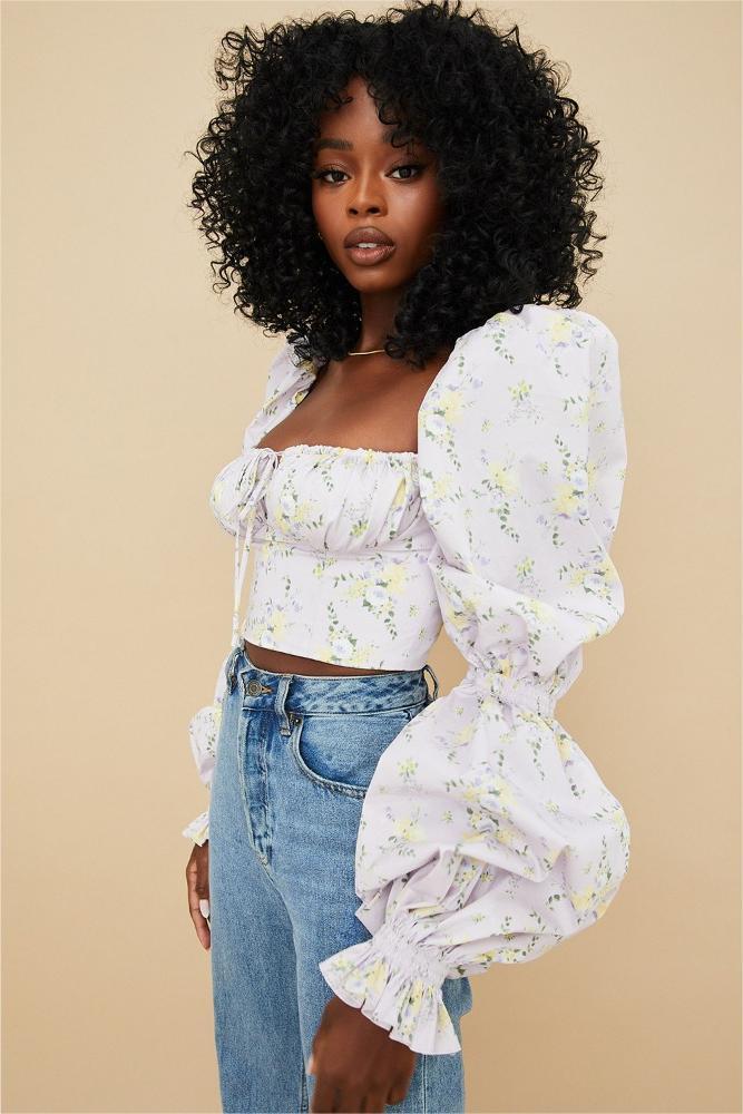 Floral Puff Sleeve Square Collar Top