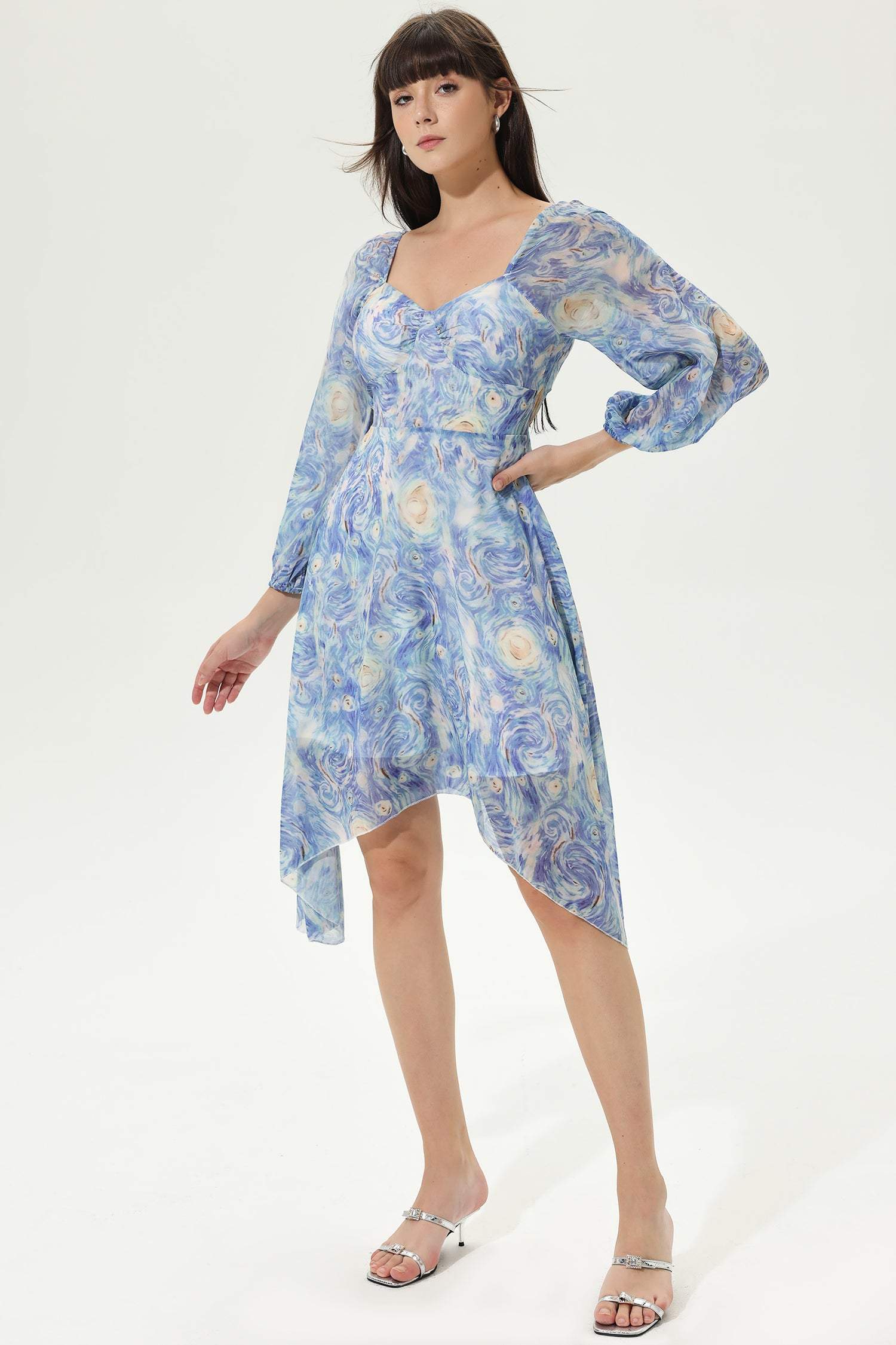 Abstract Print Sweetheart Neck Long Sleeve Midi Dress