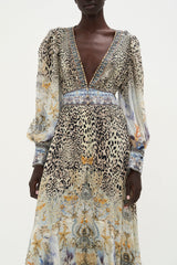 Chiffon Floral Leopard Print V-Neck Maxi Dress
