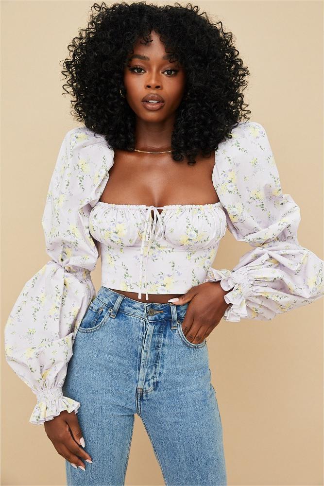 Floral Puff Sleeve Square Collar Top