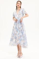 Floral V-Neck Short Sleeve Midi Dress Yellow