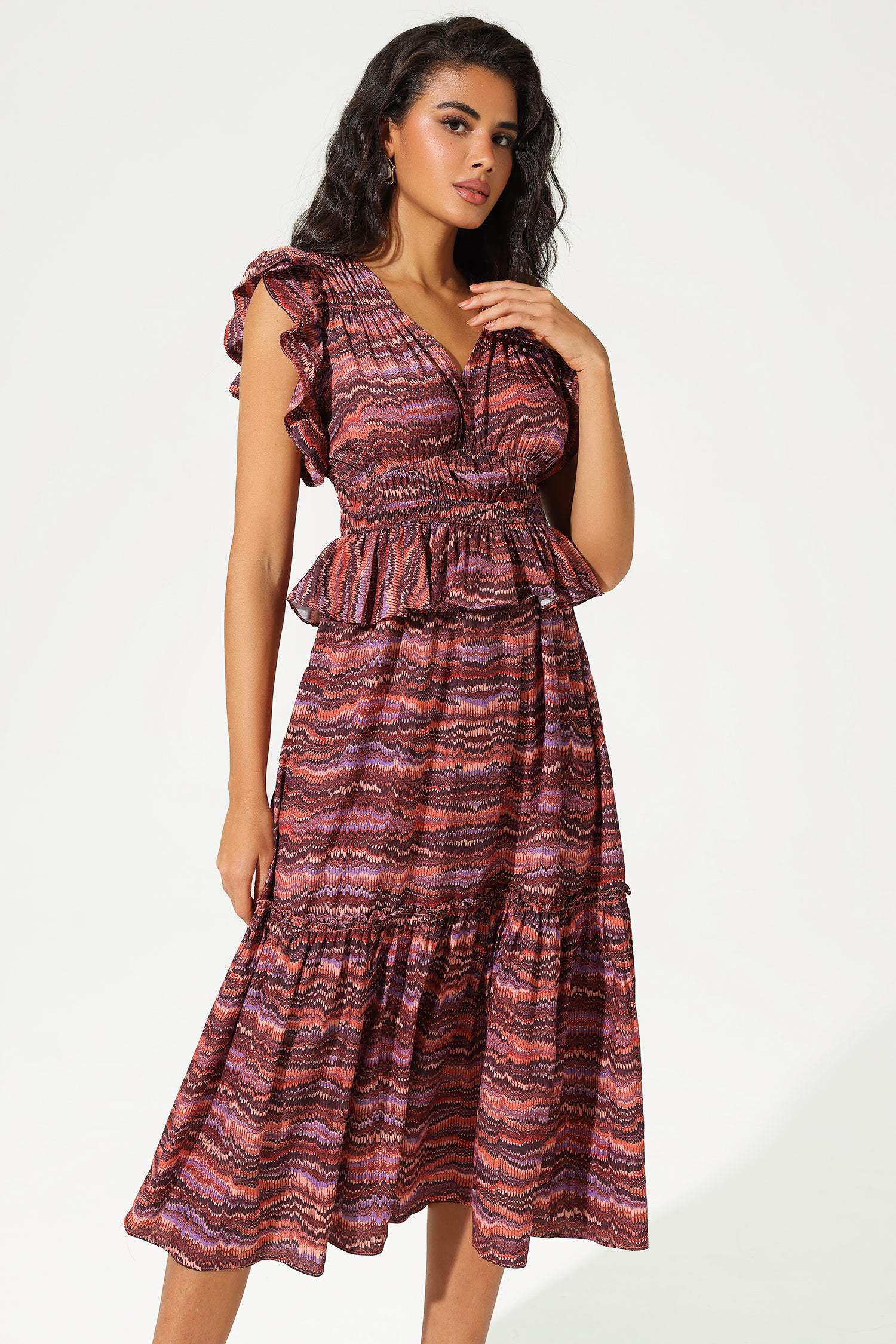 Layered Ruffle Sleeve V-Neck Midi Dress
