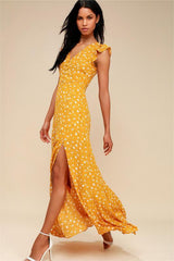 Flutter Sleeve V-Neck Slit Maxi Dress