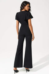 Flutter Sleeve V-Neck Ruffle Hem Tapered Waist Jumpsuit