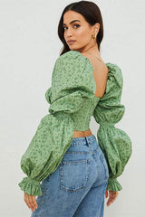 Floral Puff Sleeve Square Collar Top
