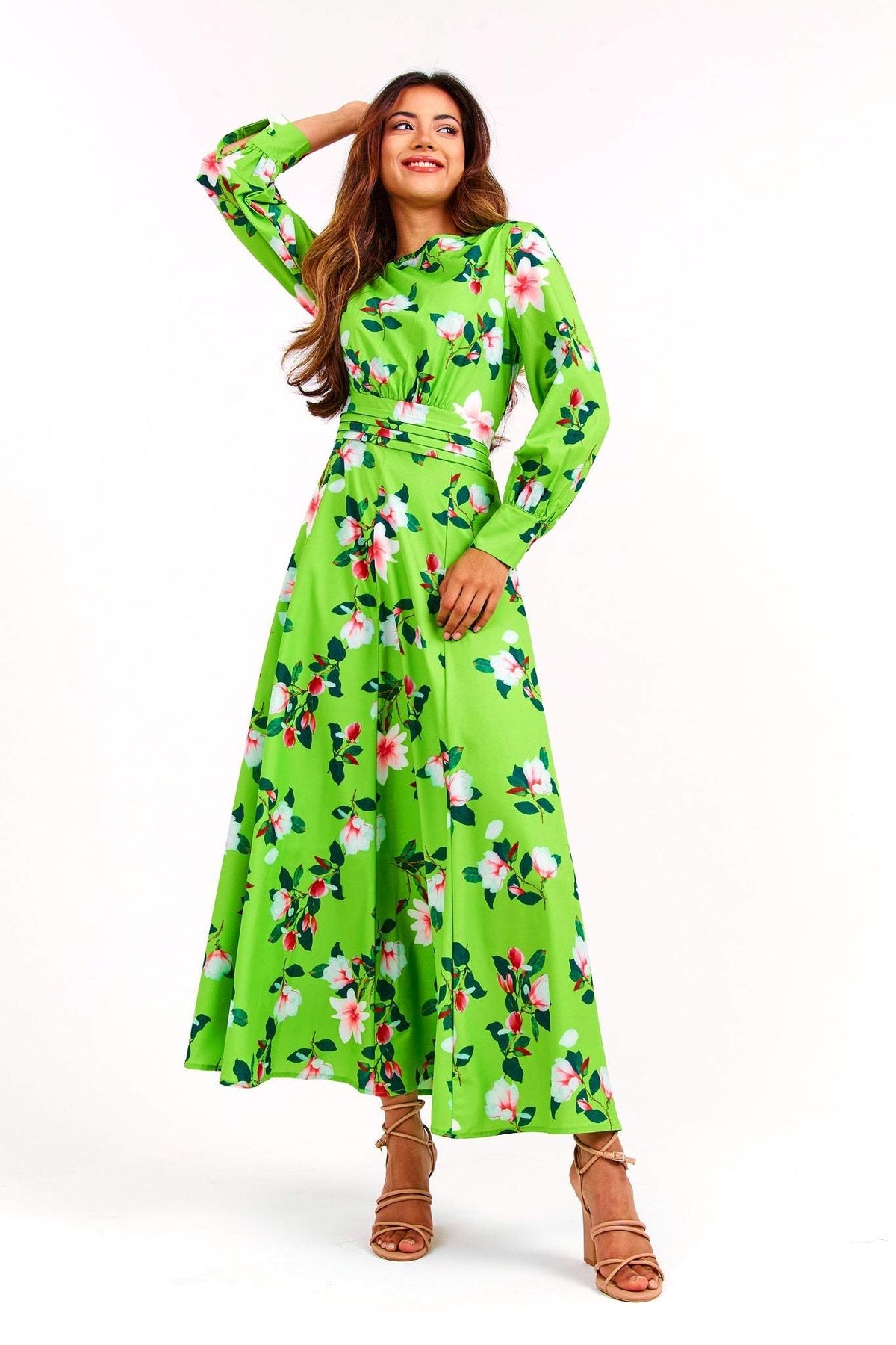 Floral Long Sleeve Round Neck Midi Dress