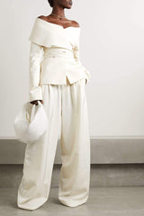 Long Sleeve Off-Shoulder Lace Up Pants Set White