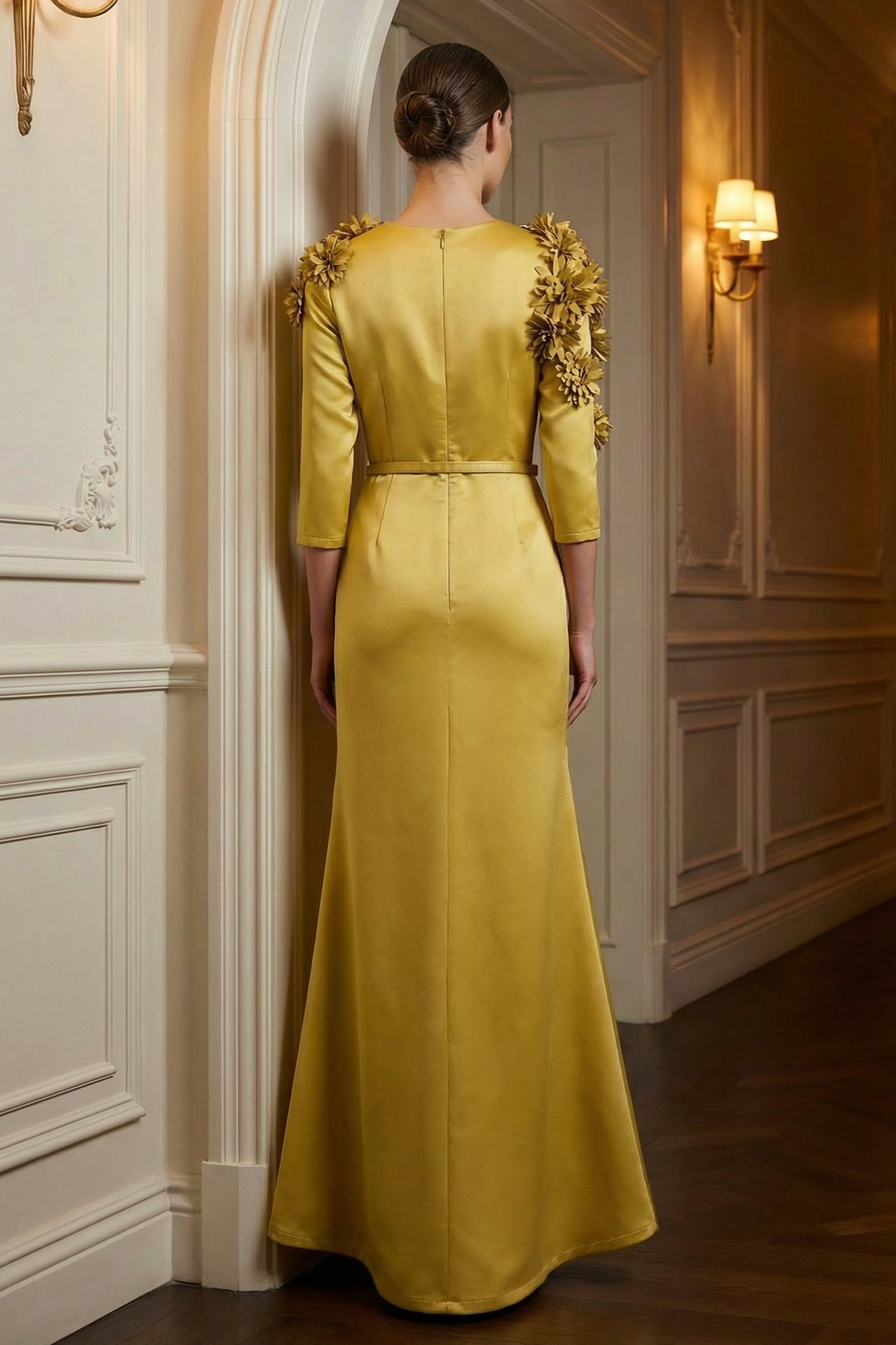 3D Flower Satin Maxi Dress With Belt