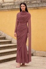 Mesh Gathering Asymmetrical Sleeve Maxi Dress