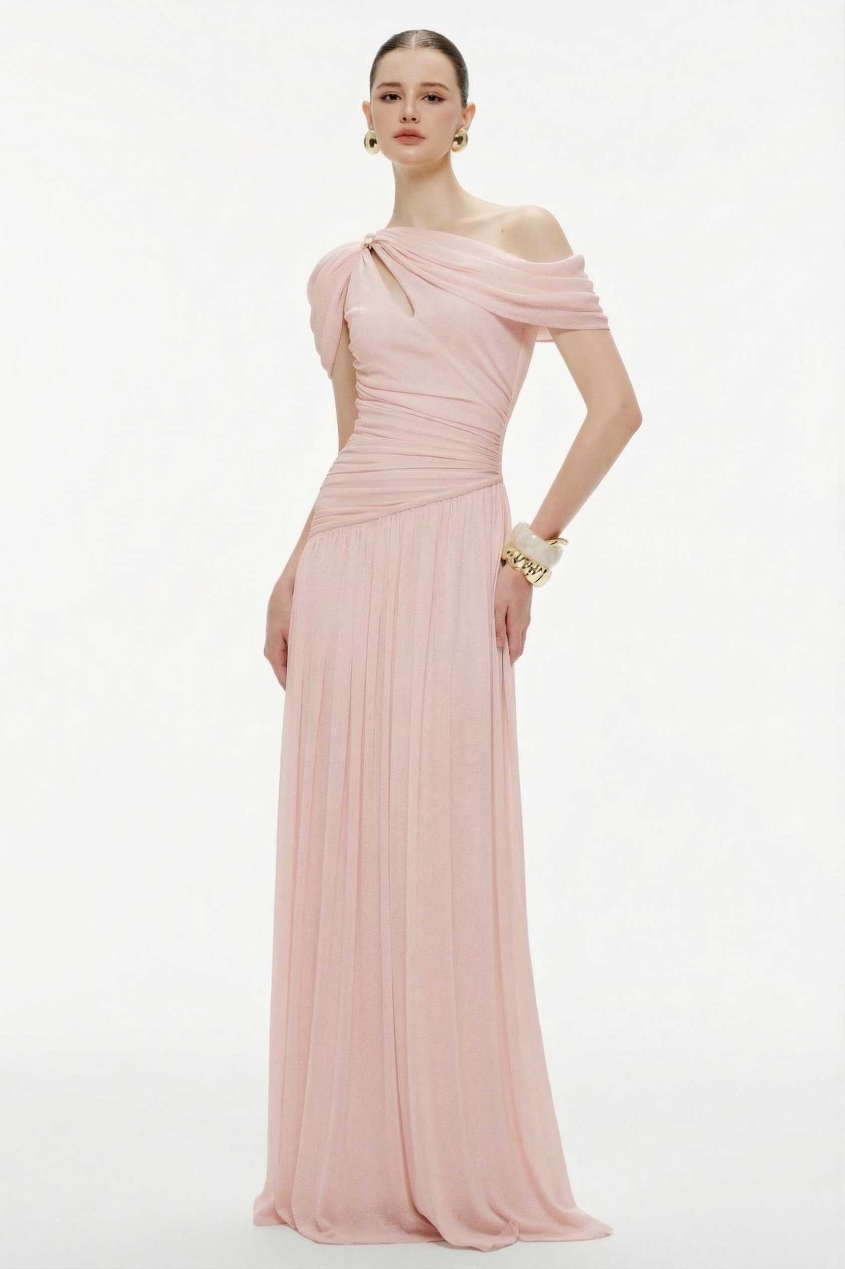 Solid One Shoulder Cape Sleeve Maxi Dress
