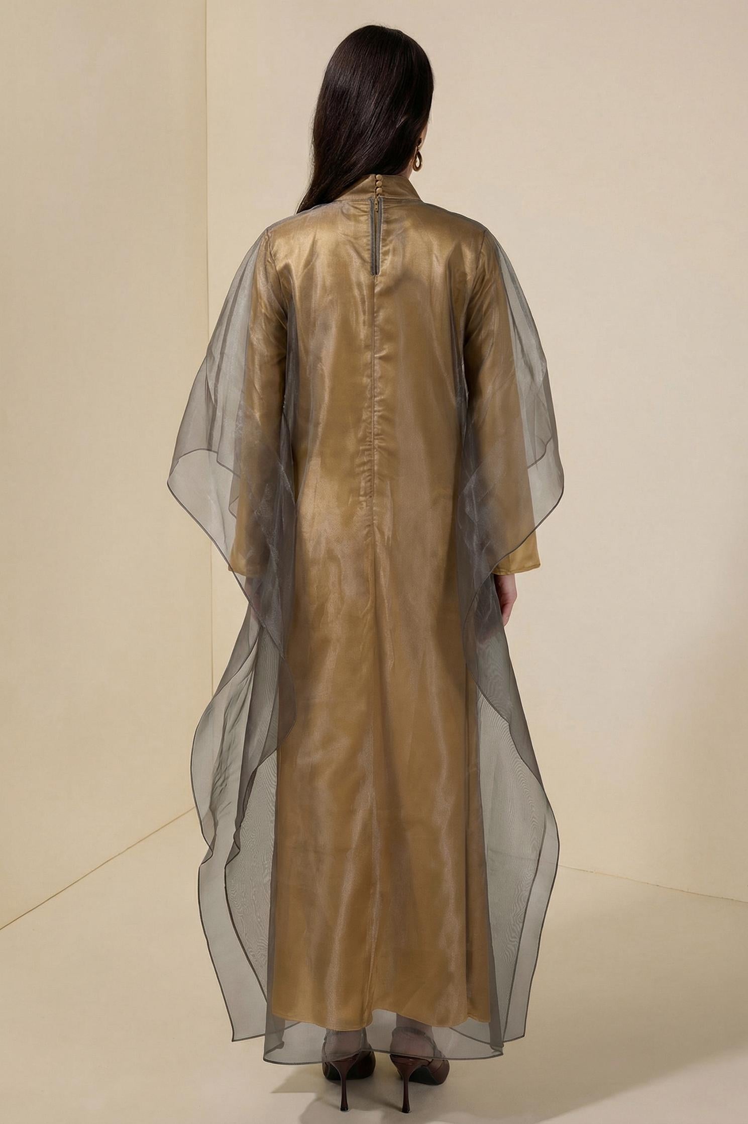 Organza Stand Colllar Maxi Dress With Cape