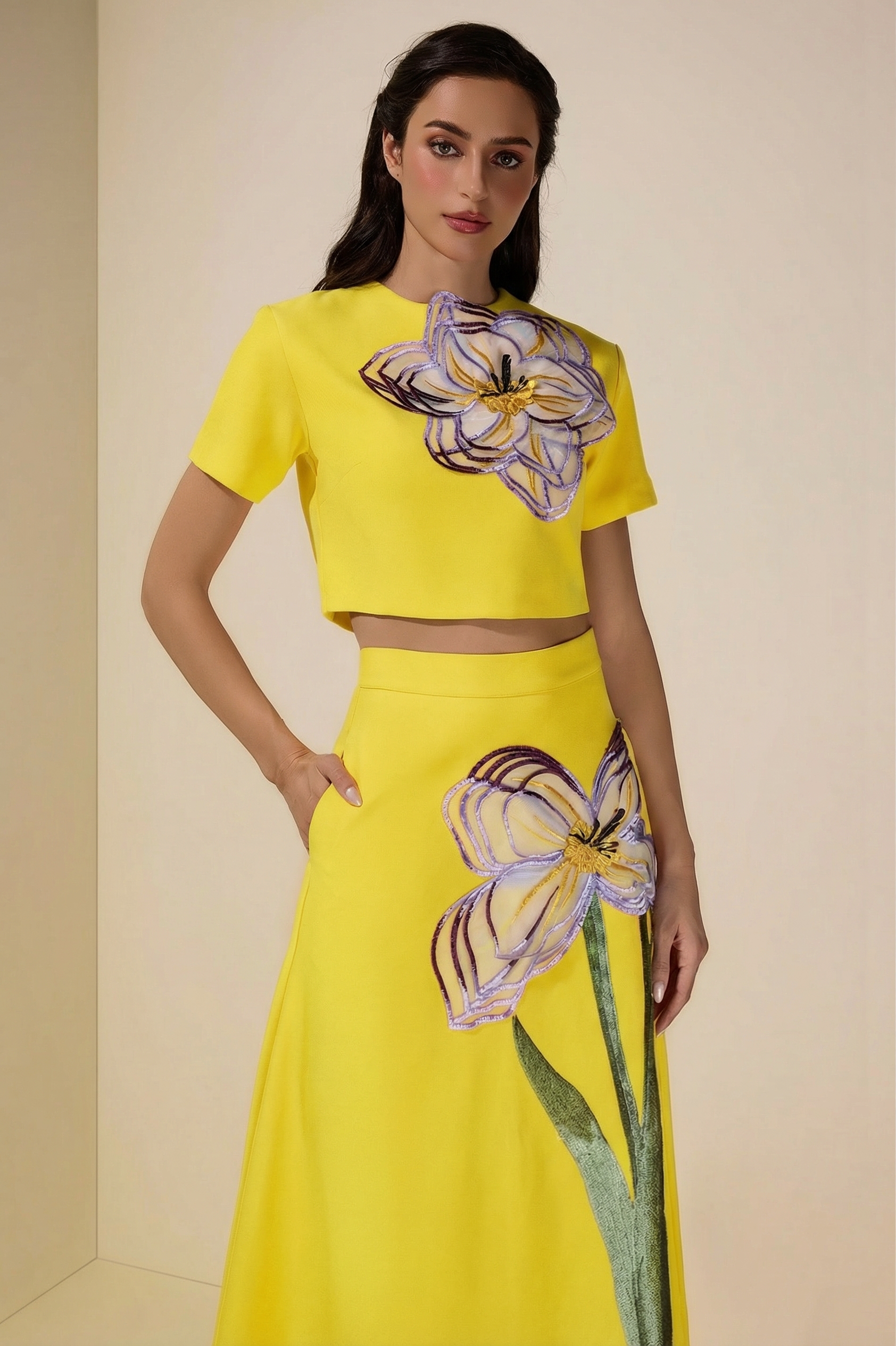 Appliquéd Round Neck Top & Maxi Skirt Set