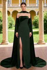 Off-Shoulder Slit Maxi Dress With Velvet Cape