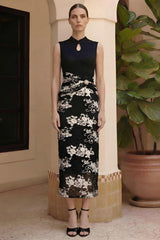 Lace Embroidered Stand Collar Maxi Dress