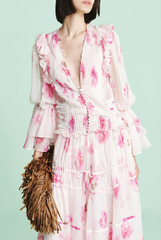 Floral Pleated Ruffle Maxi Dress