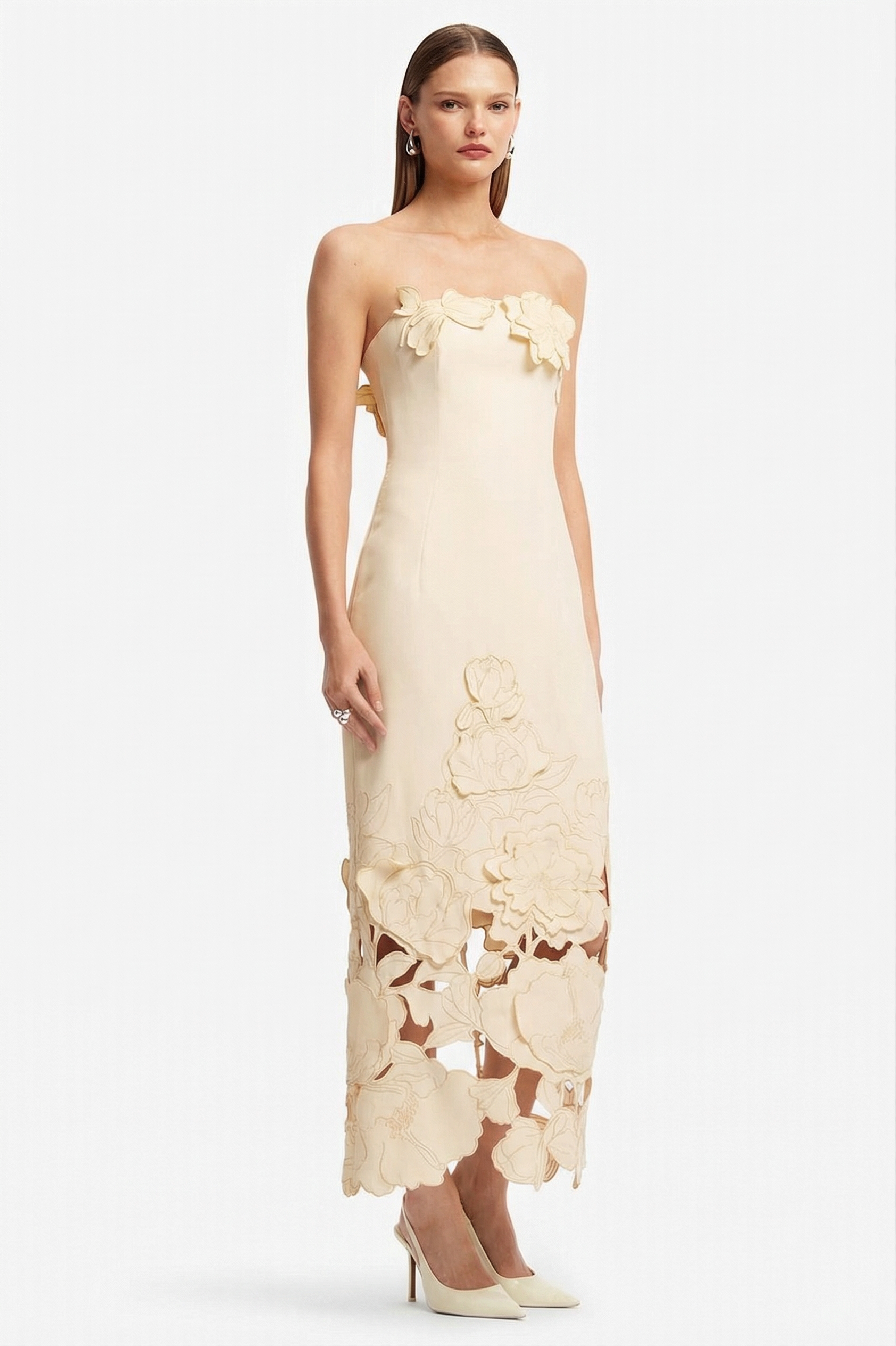 Off-Shoulder Floral Appliquéd Midi Dress