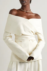 Long Sleeve Off-Shoulder Lace Up Pants Set White